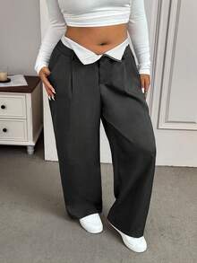 SHEIN EZwear Plus Size Women's Contrast Color Zipper Front Pockets Pleated Wide Leg Suit Pants - Black - View 4