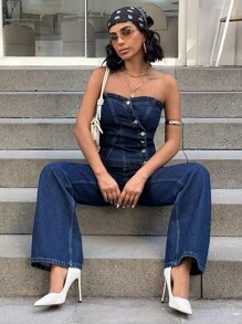 EURMUSE Casual Denim Top And Jeans Set Women Clothing Women Two Pieces Outfits Jean - Dark Wash - View 5