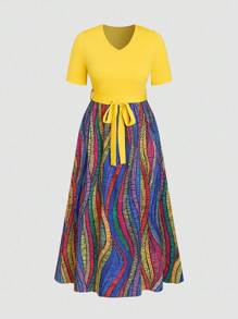 INAWLY Plus Size Women Colorful Striped Tied Waist Short Sleeve Casual Dress, Summer