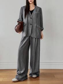 Dazy-Less 女士纹理条纹宽松商务休闲通勤办公室装衬衫开衫和直筒裤套装，适合秋季、春季和夏季 - 深灰色 - 查看 3
