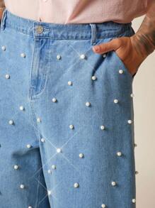 EASEVO Plus Size Men's Pockets Faux Pearl Decor Wide Leg Denim Shorts - Royal Blue - View 3
