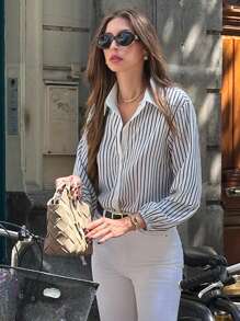 Pariaura 女士夏季白色条纹休闲长袖时尚衬衫，休闲穿搭，春季学院风秋季女装 - 白色 - 查看 3