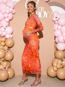 Loomaby Maternity Floral Print Round Neck Ruffle Long Sleeve Fitted Elegant Dress Gender Reveal Dress Maternity Dress Baby Shower Dress Pregnancy Photoshoot Dress Pink And Orange Dress Baby Shower Guest Outfit Maternity Photoshoot Dress - Multicolor - View 5