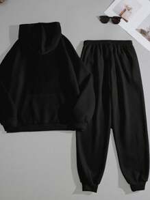 INAWLY Conjunto de sudadera con capucha y pantalón de chándal con diseño minimalista casual de huella de pata y corazón - Negro - Ver 2