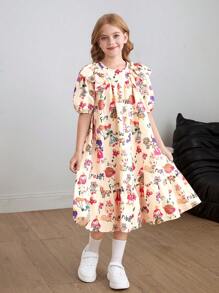 SHEIN Leap Crew Tween Girls Oversized Vintage Cartoon Pattern Ruffle Hem Bubble Short Sleeve Dress - Apricot - View 3