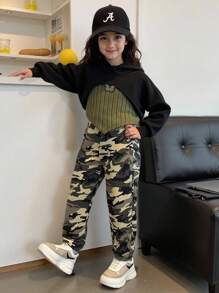 女童图案印花连帽衫搭配罗纹针织背心，街头休闲时尚 - 軍綠色 - 查看 1