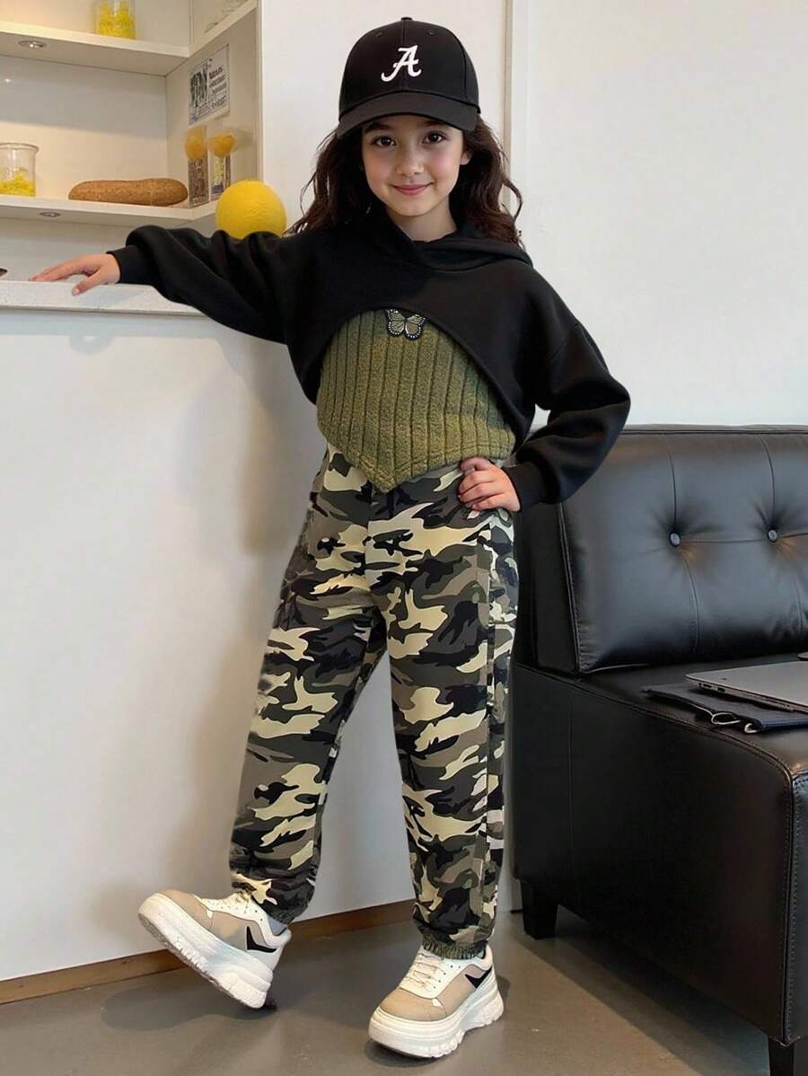 女童图案印花连帽衫搭配罗纹针织背心，街头休闲时尚 - 軍綠色 - 查看 1