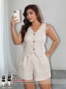 SHEIN PETITE Plus Size Women 2pcs Set Simple Vest And Loose Shorts, Stylish Commute Minimalist Elegant Elegant Summer Women Clothes, Business Casual Outfit