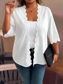 EMERY ROSE Cárdigan abierto de unicolor con mangas con volantes para mujer de talla grande, blusa casual