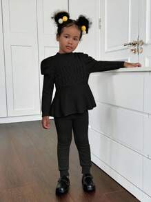 2 件套年轻女孩和年轻女孩纹理腰带毛衣和针织紧身裤，休闲秋冬装 - 黑色 - 查看 5