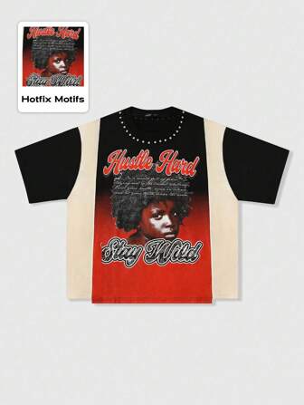 Street Life Camiseta de hombre estilo suelto y corto con bloqueo de color e impresión