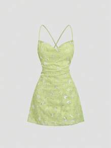 Sweetra Sequin Embroidered Strap Sexy Open Back Draped Neck Green Dress - Green - View 1