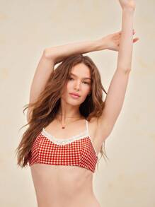 WESTFADE Gingham Check Ruffle Bow Tie Back Bikini Top Summer Beach Vacation - Red - View 3