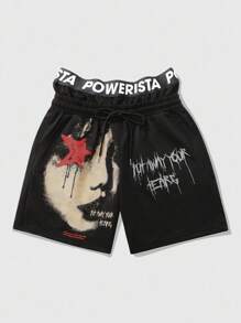 ROMWE MEN Street Life Shorts esportivos masculinos com estampa de estrela e rosto gótico, Halloween - Preto - Ver 3