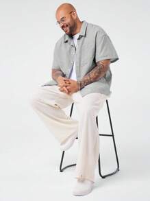 EASEVO Plus Size Men's Loose Casual Vertical Striped Short Sleeve Woven Shirt