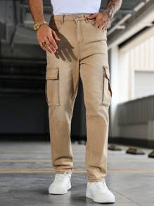 Manfinity Homme Quần Jeans Jeans Cargo Denim Vintage Thường Ngày Cho Nam - Màu be - Xem 3