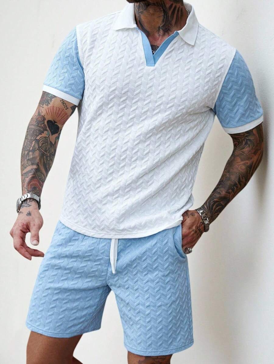 Manfinity Homme Men's Color Block Short Sleeve Casual Polo Shirt And Shorts 2 Pieces Set Men's Casual Sets Casual Two Pieces Set Men's Summer Outfits Summer Two Pieces Set For Men - White - View 1