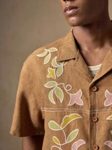 AKNOTIC Business Casual 男士休闲宽松短袖梭织衬衫，年轻人的时尚日常穿着 - 黃色 - 查看 3