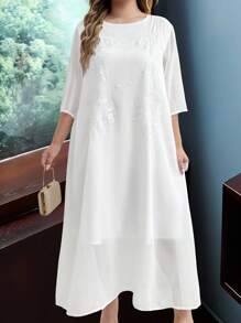 EMERY ROSE Vestido de talla grande para mujer de gasa, cuello redondo, manga 3/4, versión suelta de 2 en 1 con bordado, de largo medio - Blanco - Ver 3