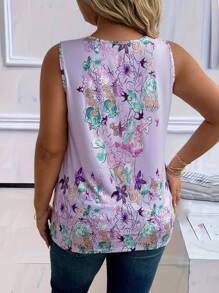 EMERY ROSE Plus Size Floral Print Round Neck Ruffle Patchwork Sleeveless Casual Tank Top For Women - Multicolor - View 2