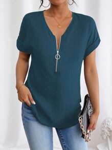 EMERY ROSE Women Half Placket Zipper Batwing Sleeve Casual Solid Color Blouse - Blue - View 3