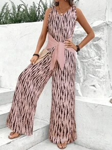 Chiquease V领扭结吊带全身印花阔腿连体裤，适合大学生穿着。 - 粉色 - 查看 4