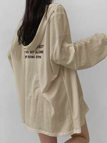 DAZY Women's Oversized Hooded Cardigan With Back Print, Lightweight Jacket, White, Spring/Summer/Autumn - Apricot - View 2