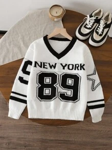 Sparklyn Tween Girl V-Neck Long Sleeve Casual Sweater With Numeric Star Pattern New York Sweater Fall Winter - White - View 3