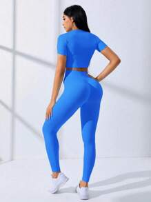 SHEIN Core Rhythm 1 Set Women Solid Color Cropped Top And Leggings Seamless Activewear Sports Suit Ribbed Workout Set Royal Blue Workout Set Matching Workout Set Quick Dry Workout Set Seamless Workout Set - Blue - View 7