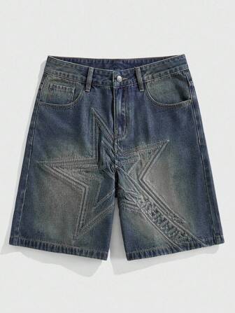 Street Life Pantaloncini casual da uomo in denim, vestibilità ampia, con tasche con ricamo a stella