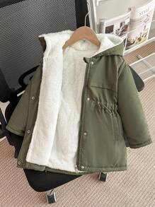Girl's Waist Cinched Hooded Padded Coat, Zipper Closure, Faux Drawstring, Slim Fit Padded Coat Girls Winter Coat Girls Fall Jacket Kids Coat Wear Girls Hooded Jacket - Green - View 3