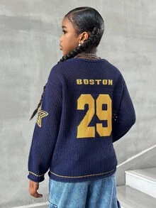 SHEIN Tween Girls Digital Pattern Hollow Out Knitted Sweater,In Fall/Winter - Blue - View 6