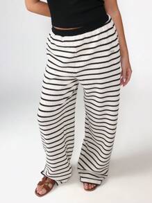 SUMWON Striped Wide Leg Knitted Pants Resort Wear Palazzo Style High Waisted Ribbed Casual Summer Beach Bottoms Cozy Wear Vacation Style - Black and White - View 1