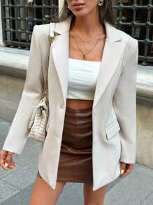 EURMUSE Femei, Toamnă, Jachetă, Palton, Blazer, Material Cașmir, Nasture, Buzunar, Mânecă Lungă - Bej - Vizualizare 1