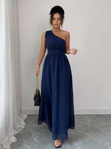 Selianne Women Solid Chiffon One Shoulder Fitted Midi Dress - Navy Blue - View 5