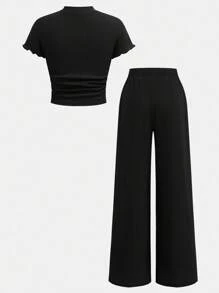 SHEIN Comfortable Polyester Plain Black Co-Ords With Regular Sleeves And Relaxed Fit For Tween Girls Tween Girl Wide Leg Pants Girls Wide Leg Pants Set Girls Black Wide Leg Pants Tween Girl Wide Leg Pants Outfit Tween Girls Summer Outfit Girls Wide Leg Pants Outfit Teen Girl Wide Leg Pants Outfit Tween Girls Wide Leg Pants Set Teen Girls Wide Leg Pants Outfit Girls Black Wide Leg Pants Set - Black - View 9
