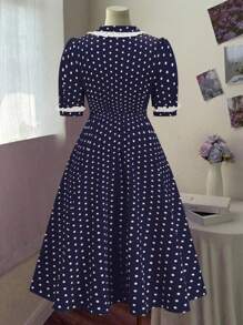 Sweetra Plus Size Romantic Polka Dot Colorblock Princess Dress - Royal Blue - View 2