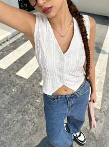 SHEIN Áo không tay cổ chữ V thoải mái, vừa vặn cho bé gái tuổi teen, viền áo bất đối xứng - trắng - Xem 10