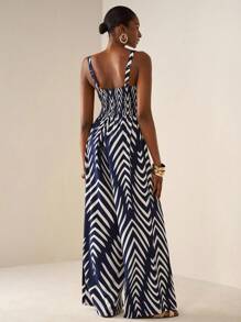 Zivah 2025 新款夏秋休闲度假扭纹吊带镂空后背印花女长款连体衣，藏青色，婚礼季，派对，度假，海滩海边度假，波西米亚风，毕业装，日常旅行，早午餐装，旅行，机场装 - 藏蓝色 - 查看 2