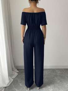 Elenzga 女式夏季新款露肩V领收腰连体裤 - 藏蓝色 - 查看 2