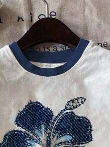 SHEIN Leap Crew Teen Girls Casual Minimalist Round Neck Blue Floral Print Cute Oversized Knit T-Shirt, Suitable For Summer, Beach Vacation, Graduation Season, Y2K, Tops, Shirts, Teen Girl Clothing, Graphic Tees Girls Hibiscus Shirt Kids Hibiscus Tee Girls Flower Shirt Kids Summer Floral Top Cute Flower Shirt