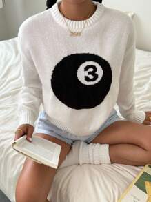 Teen Girls White Solid Round Neck Numeric Design Pullover Sweater, Minimalist Style Teen Girl Sweaters 8 Ball Sweater Soft Girl Sweaters Jumpers For Teen Girls Teen Girl Tops White Sweater Teen Girl Clothes Soft Girl Clothes Teen Girl Tops Aesthetic Teen Sweaters,In Fall/Winter - White - View 1
