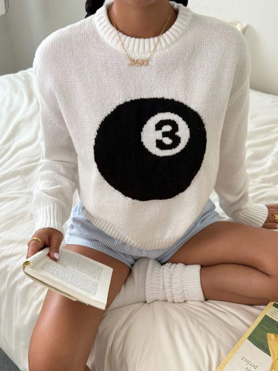 Teen Girls White Solid Round Neck Numeric Design Pullover Sweater, Minimalist Style Teen Girl Sweaters 8 Ball Sweater Soft Girl Sweaters Jumpers For Teen Girls Teen Girl Tops White Sweater Teen Girl Clothes Soft Girl Clothes Teen Girl Tops Aesthetic Teen Sweaters,In Fall/Winter - White - View 1