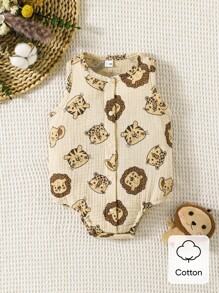 SHEIN 新生儿夏季新款婴儿宝宝纯棉可爱狮子卡通印花连体衣婴儿衣服套装 - 卡其色 - 查看 9