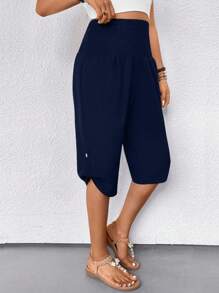 SHEIN LUNE 女式纯色腰系休闲宽松七分裤 - 藏蓝色 - 查看 1