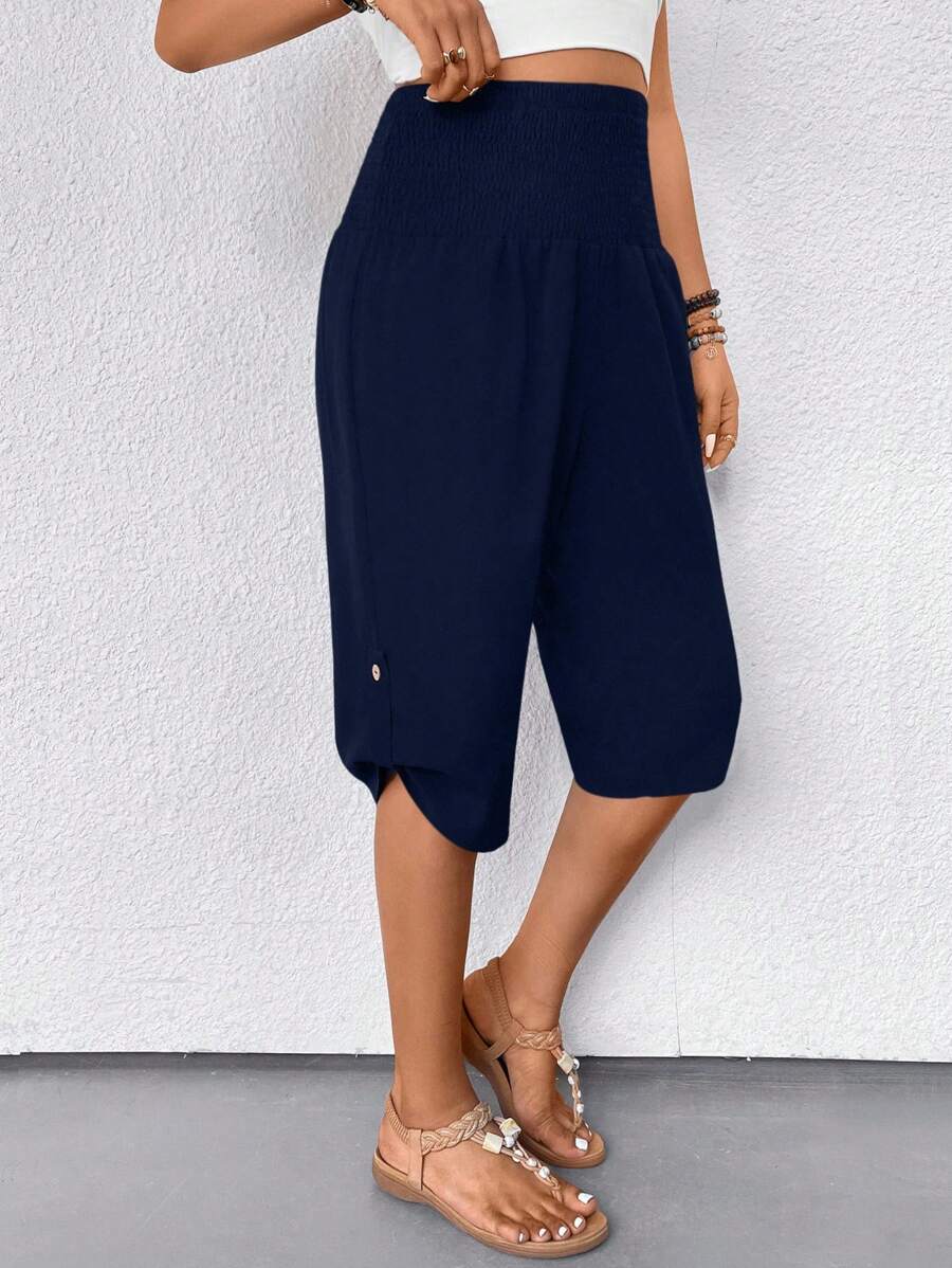 SHEIN LUNE 女式纯色腰系休闲宽松七分裤 - 藏蓝色 - 查看 1