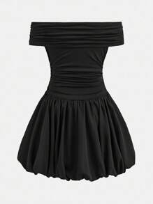 Teen Girls' Casual Elegant Chic Street & Commuting Mixed Solid Off Shoulder Patchwork Lantern Hemline Snug Fit Dress, Black - Black - View 3