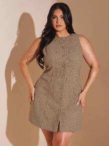 SHEIN BAE 大码女式舒适格子羊毛圆领无袖前扣简约短款休闲连衣裙，适合办公室、正式场合、日常穿着、秋冬季、女士夏季连衣裙、商务休闲女装、正式连衣裙、秋季女装、秋季、返校、Y2k 女装、夜间外出、女士约会夜装、机场旅行装 - 棕色 - 查看 6