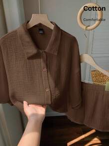 Comfortcana 2件套女士棕色度假风格衬衫和短裤套装 - 棕色 - 查看 5