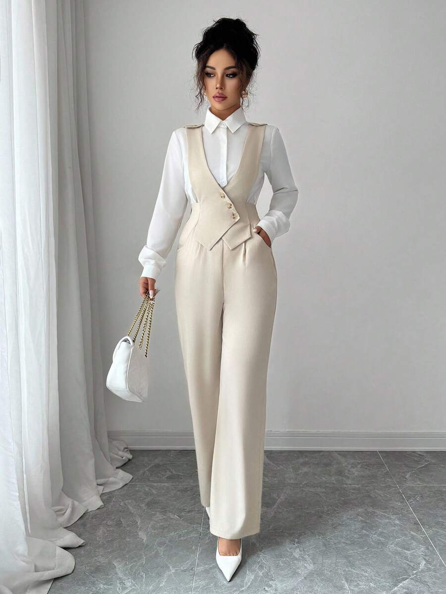 Elenzga Mono informal de mujer con cuello en V, decorado con botones, de unicolor